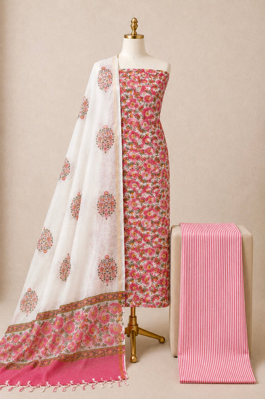 Kota Doria Hand Block Print 3Pc Unstitched Dress Material