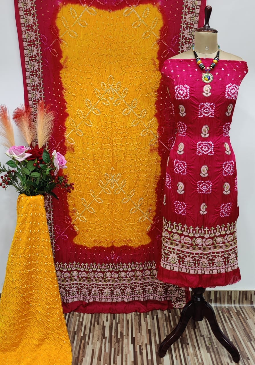 Ghazi Silk Lakhnavi Thread and Bandhani Work Bandhani Dress Material