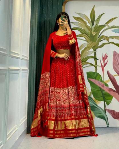Modal Authentic Hand Blocked Ajrakh work Navratri Special Chaniya Choli