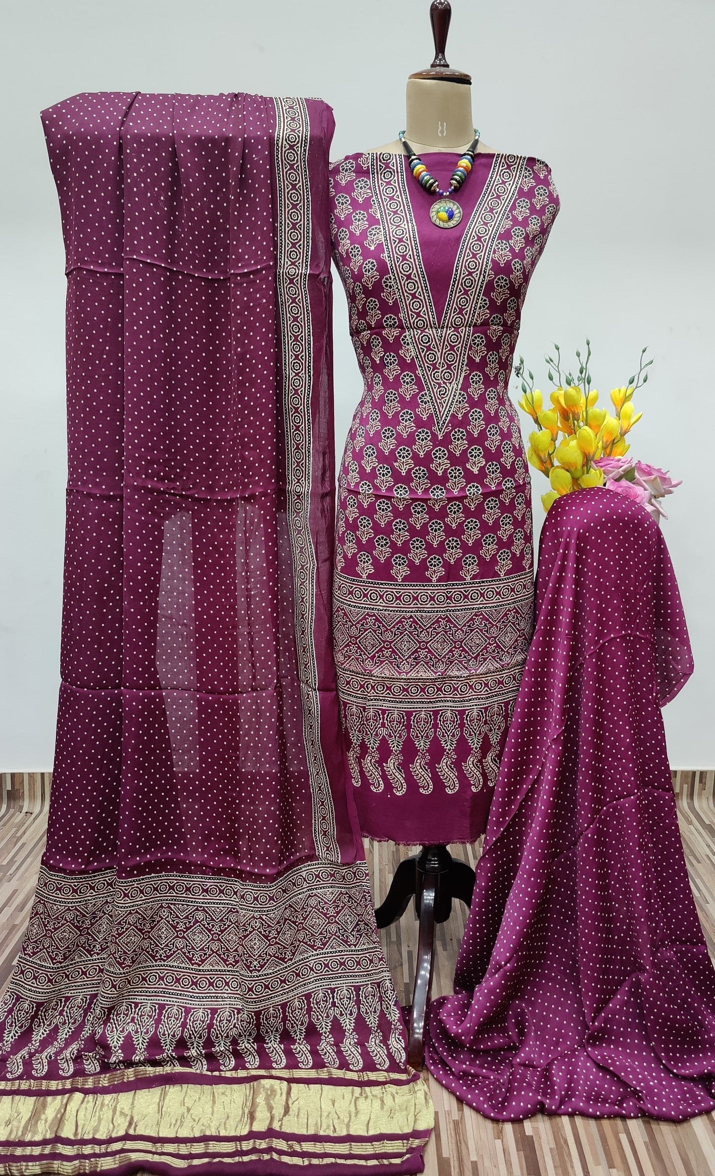 Modal Ghazi Silk Ajrakh Print Dress Material (Unstitched)
