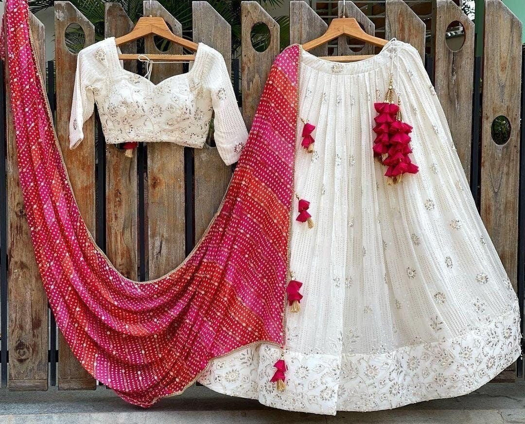 Gerogette Thread Embroidery work Designer Lehenga Choli Set ( Stitched)