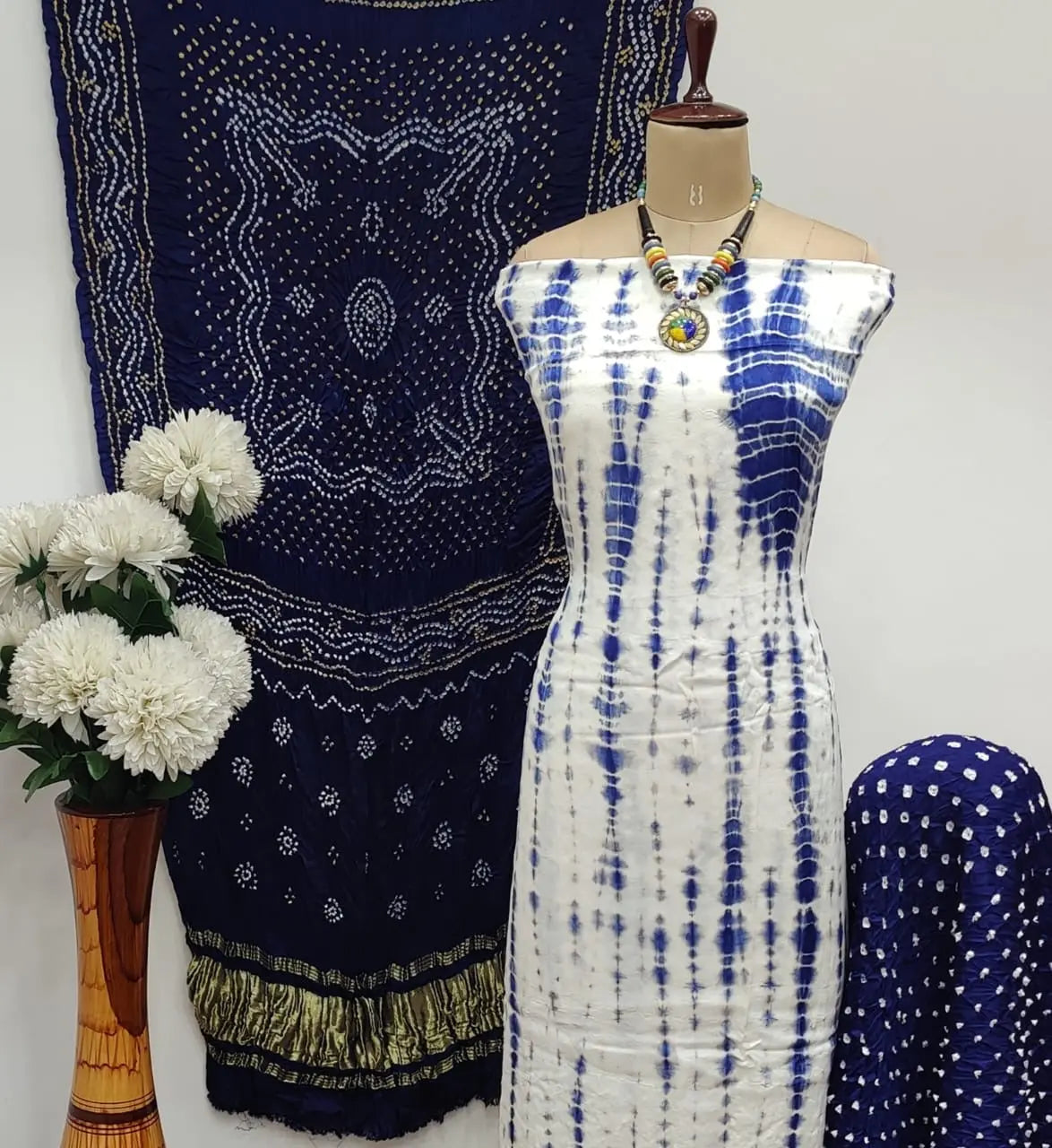 Modal Ghazi Silk White Concept Bandhani Dress Material with Ladgi patta Dupatta