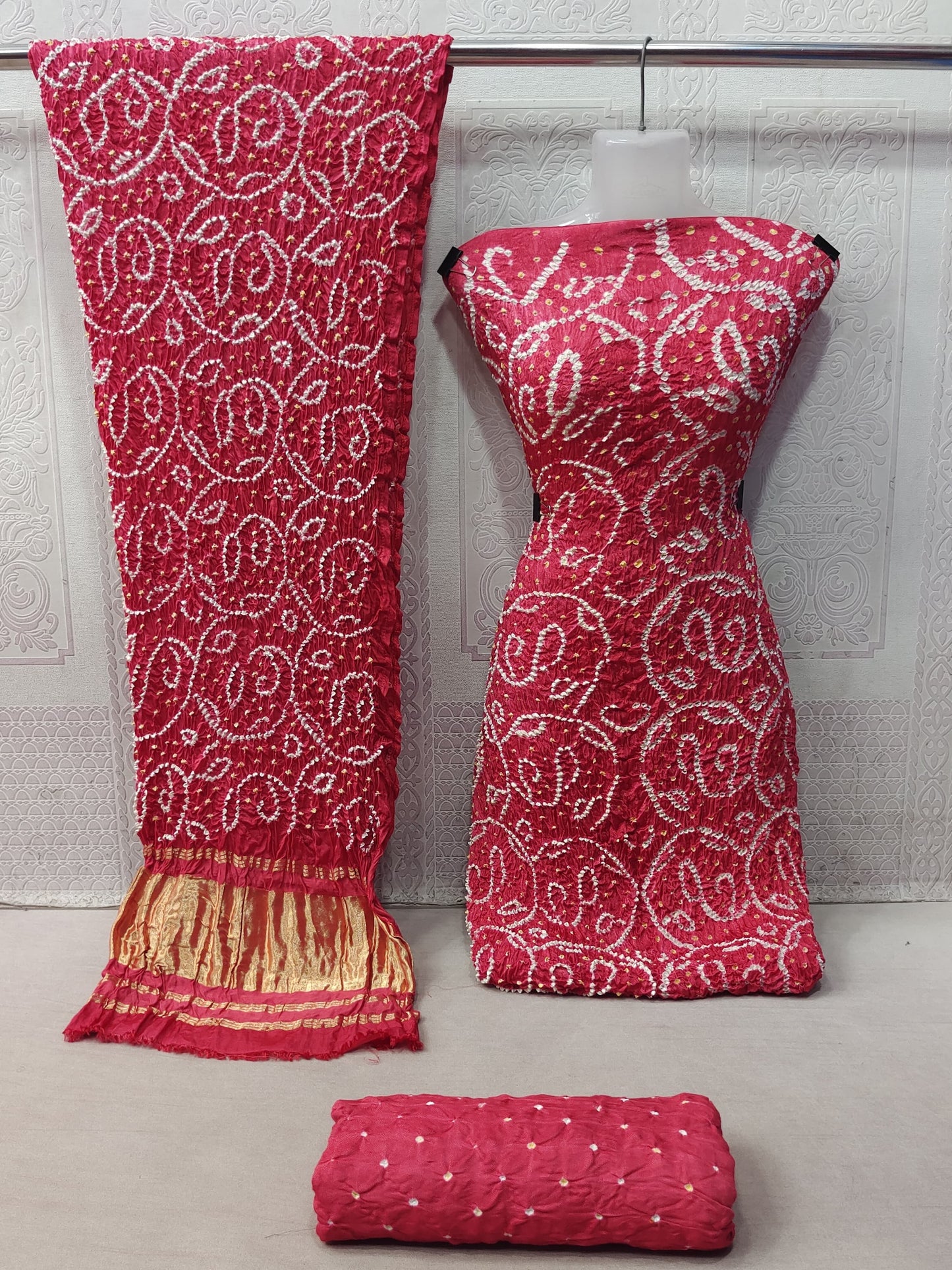 Modal Ghazi Silk barik Bandhej work Kutchi Bandhani Dress Material