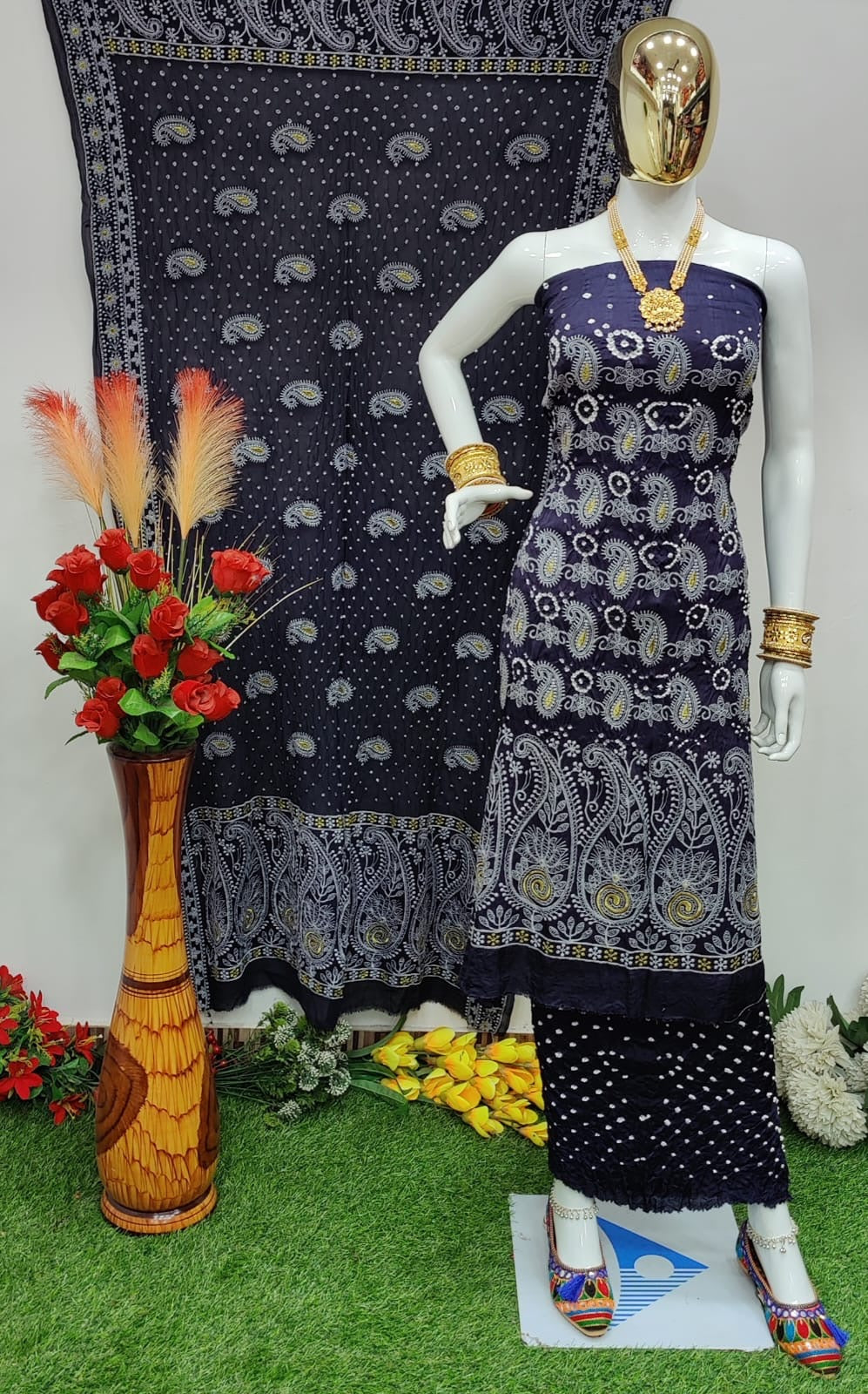 Modal Ghazi Silk Lakhnavi work Bandhani Salwar Material