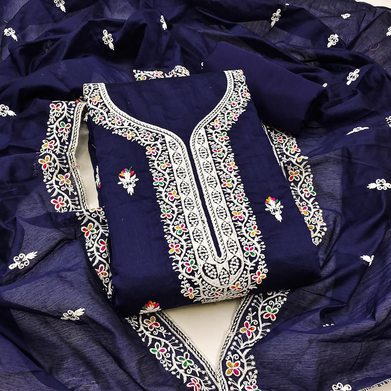 Heavy Chanderi Neck Embroidery work Dress Material (Unstitched)