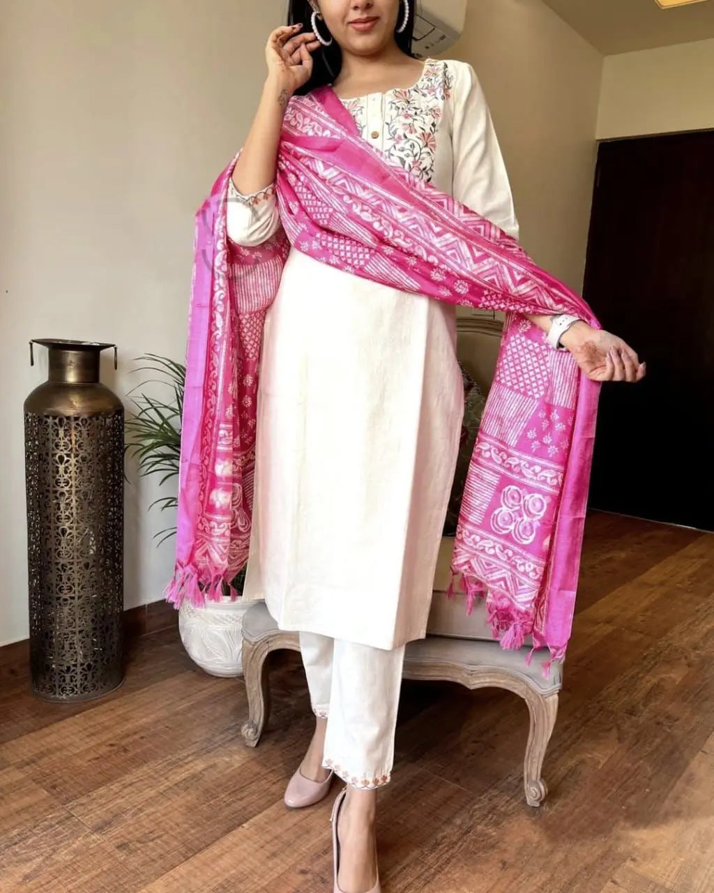 Handloom Cotton Embroidery work Kurti Pant Dupatta Set (Stitched)