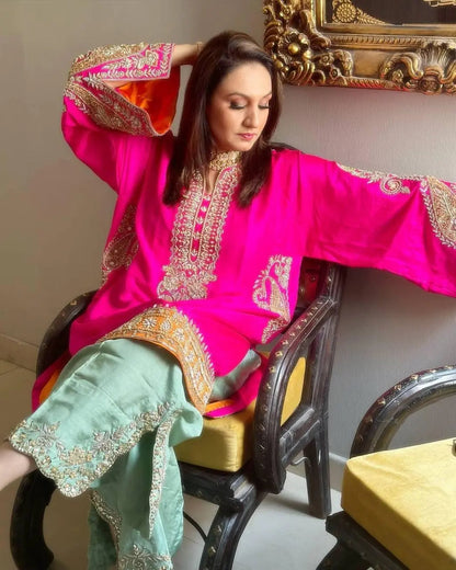 Heavy Chinon Sequence Embroidery work Kurti Palazzo Set (Stitched)