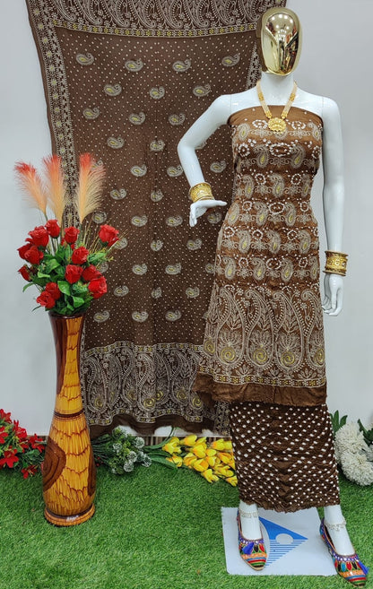 Modal Ghazi Silk Lakhnavi work Bandhani Salwar Material