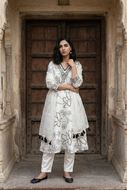 French Crepe Digital Printed Anarkali Kurti Pant Dupatta Set