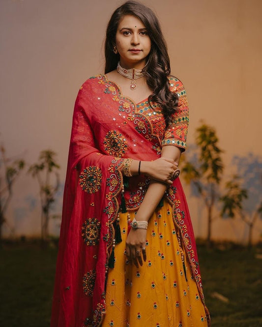 Heavy Butter Silk Digitql Print with Real Mirror work Navratri special Chaniya Choli