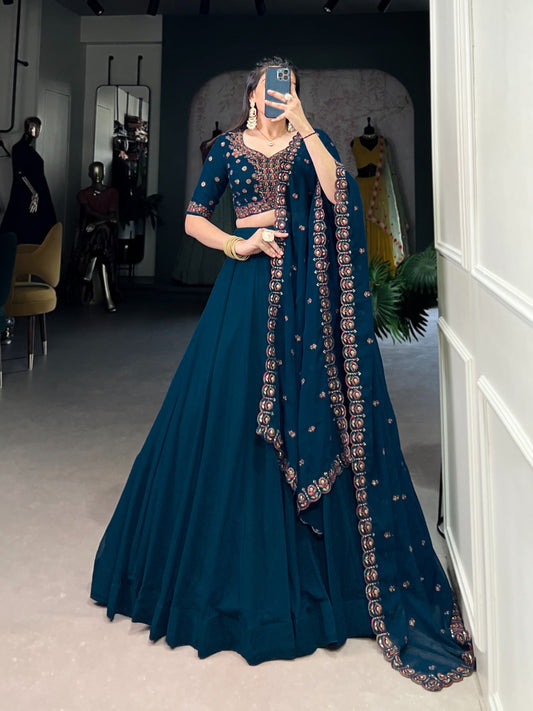 Georgette Sequence Hand Thread Embroidery Work Designer Chaniya Choli Dupatta (Ready to Wear)