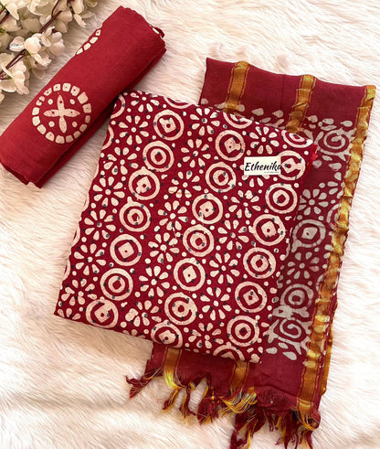 Hand Blocked Wax Batik Dress Material with Fumka work Dupatta (Unstitched)