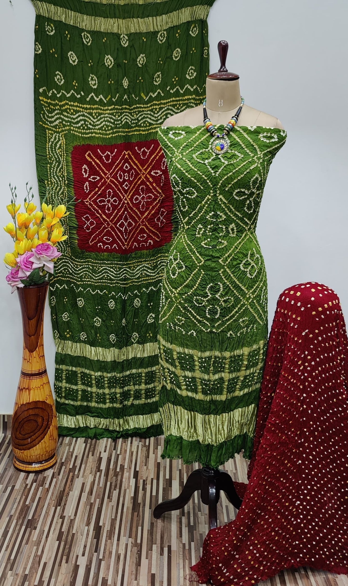 Modal Ghazi Silk Daman Work Barik Bandhej Bandhani Dress Material (Unstitched)
