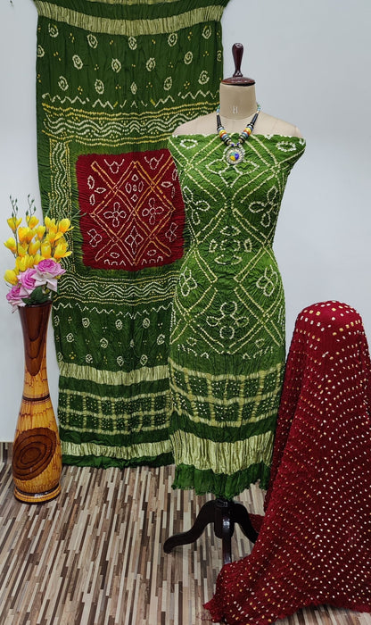 Modal Ghazi Silk Daman Work Barik Bandhej Bandhani Dress Material (Unstitched)