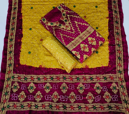 Modal Gazi Silk Kasab work Bandhani Dress Material