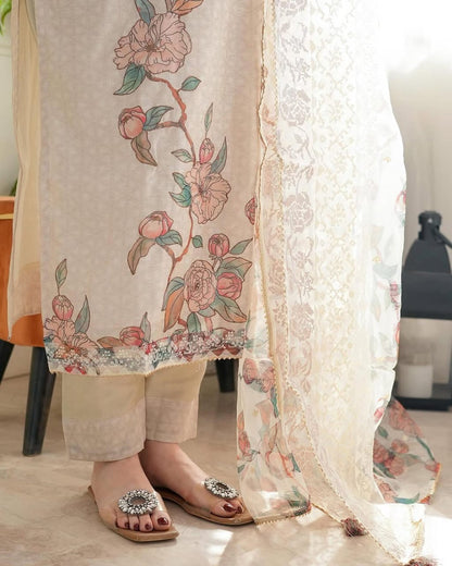 Linen Cotton Digital Floral Print work White Summer Wear Kurti Pant Dupatta Set (Stitched)