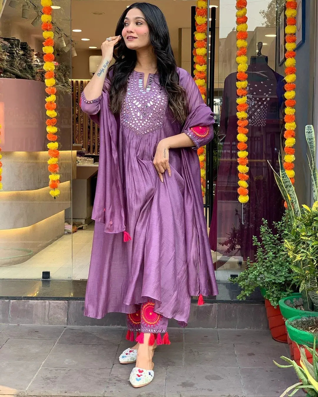 Mal Chanderi Silk Mirror work Alia Cut Kurti Palazzo Dupatta Set (Stitched)