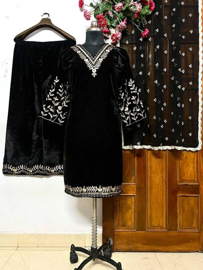 Lace work Velvet Kurti Pant Set ( Stitched)