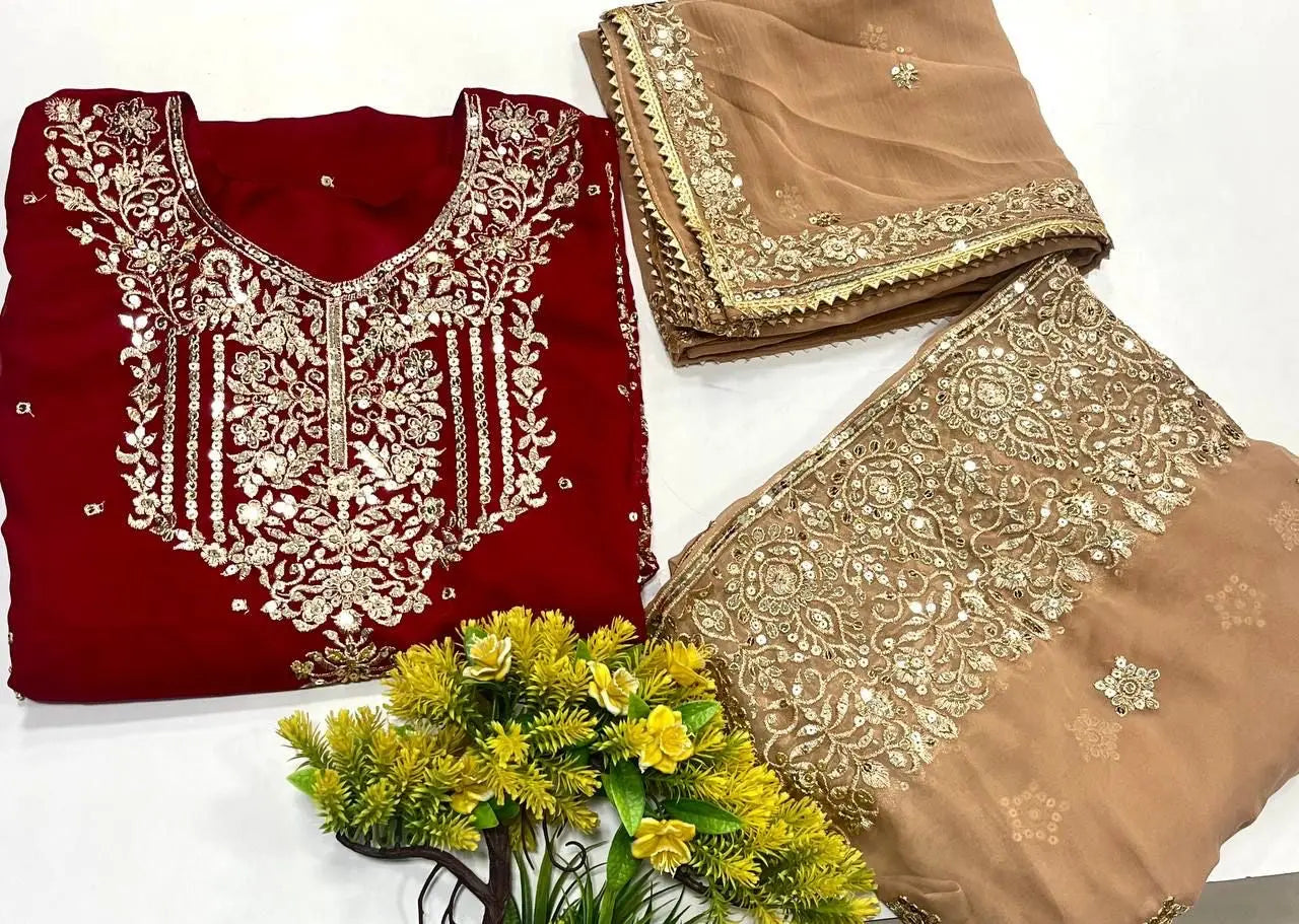 Georgette Sequence work Party Wear Kurti Sharara Dupatta Set