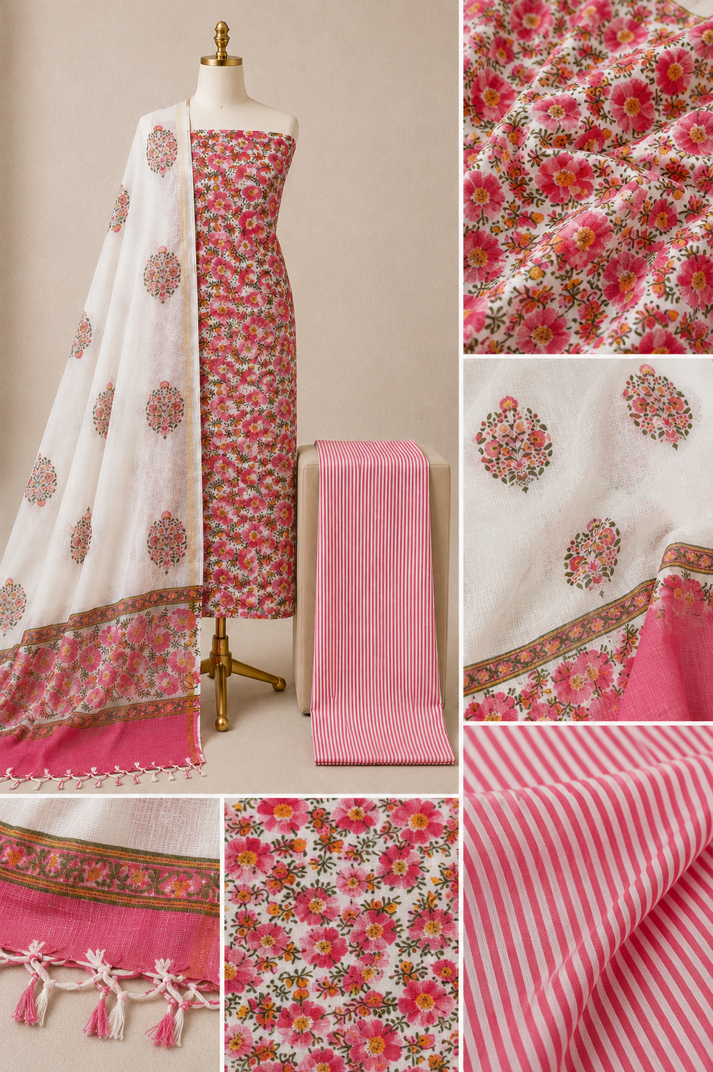 Kota Doria Hand Block Print 3Pc Unstitched Dress Material