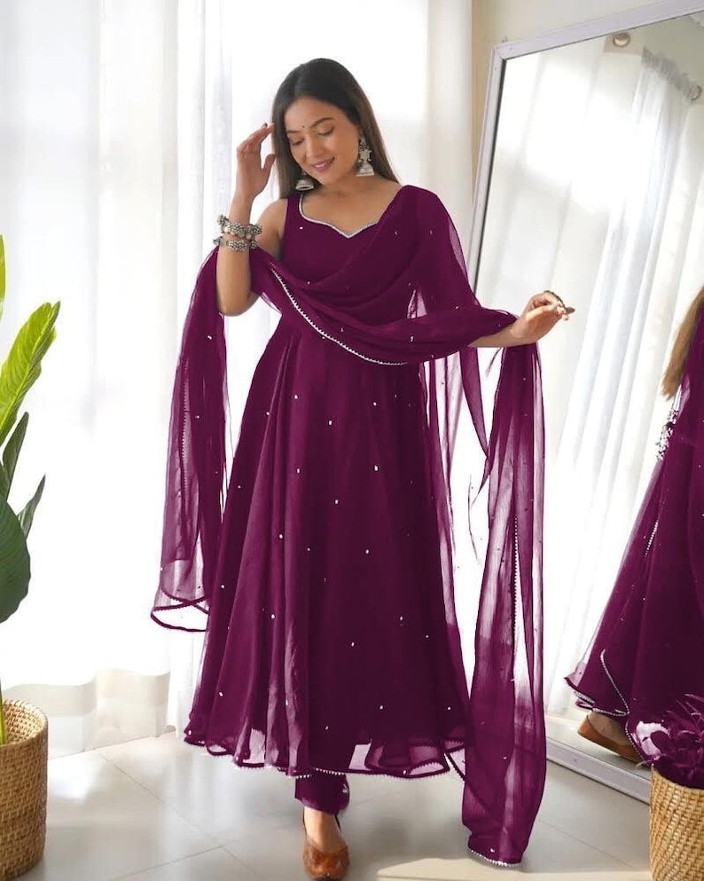 Faux Georgette 5mm sequence work Party wear Gown (Stitched)