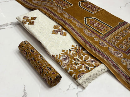 Hakoba Chikanwork with Ajrakh Block Print Summer 3Pc Cotton Dress Material