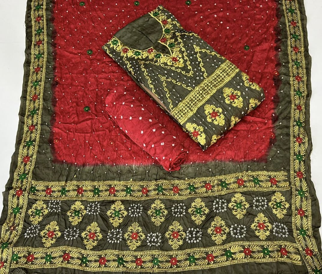 Modal Gazi Silk Kasab work Bandhani Dress Material