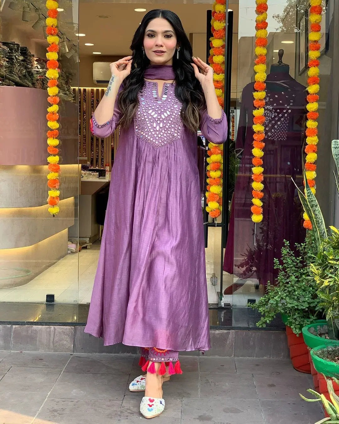 Mal Chanderi Silk Mirror work Alia Cut Kurti Palazzo Dupatta Set (Stitched)