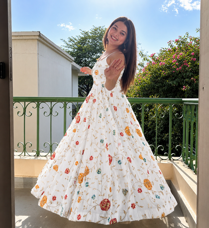 Vlveera White Heavy Silk Anarkali Gown Set with Zari & Sequins Work