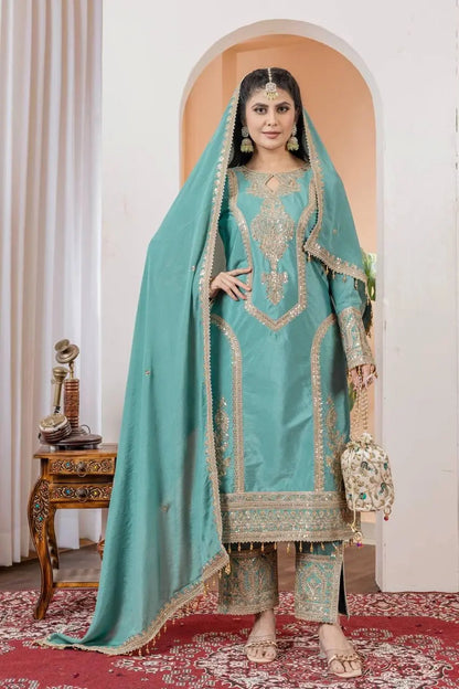 Chinon Silk Sequence Embroidery Work Pakistani Party Wear Salwar Suit Dupatta Set (Fully Stitched)