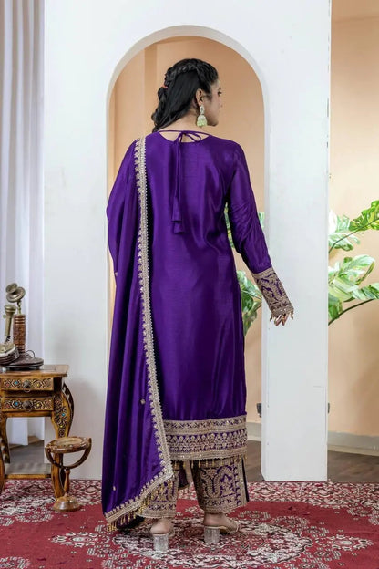Chinon Silk Sequence Embroidery Work Pakistani Party Wear Salwar Suit Dupatta Set (Fully Stitched)