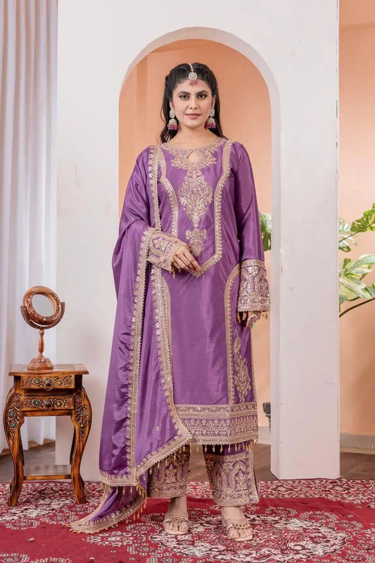 Chinon Silk Sequence Embroidery Work Pakistani Party Wear Salwar Suit Dupatta Set (Fully Stitched)