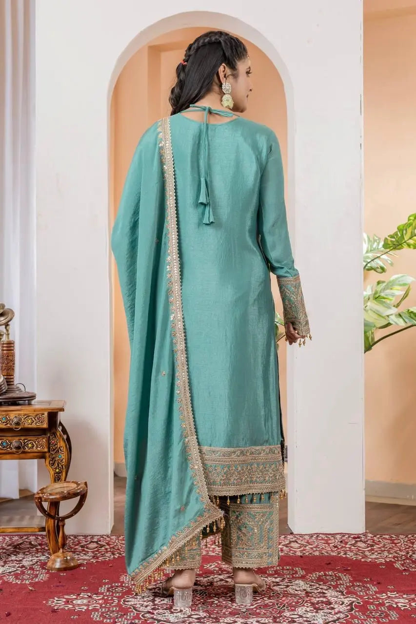 Chinon Silk Sequence Embroidery Work Pakistani Party Wear Salwar Suit Dupatta Set (Fully Stitched)
