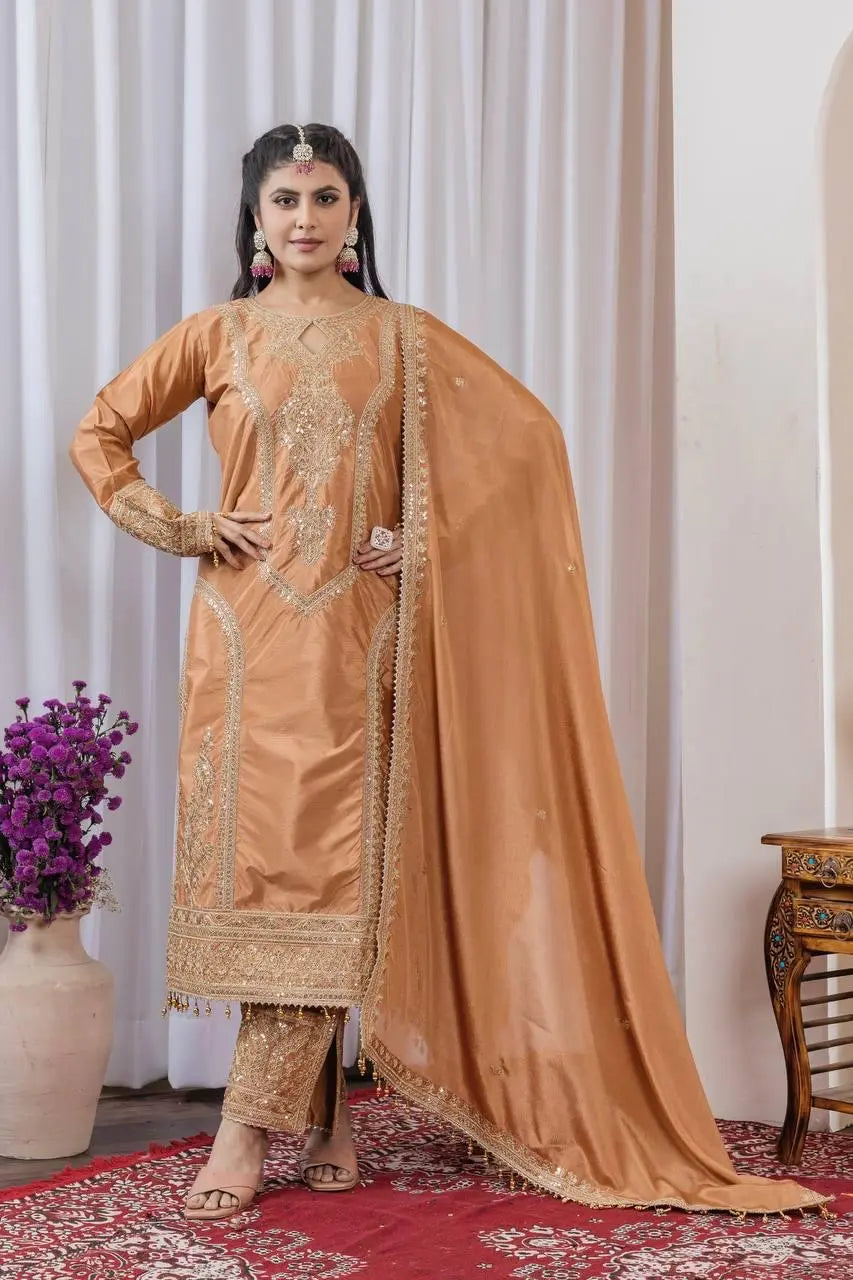 Chinon Silk Sequence Embroidery Work Pakistani Party Wear Salwar Suit Dupatta Set (Fully Stitched)
