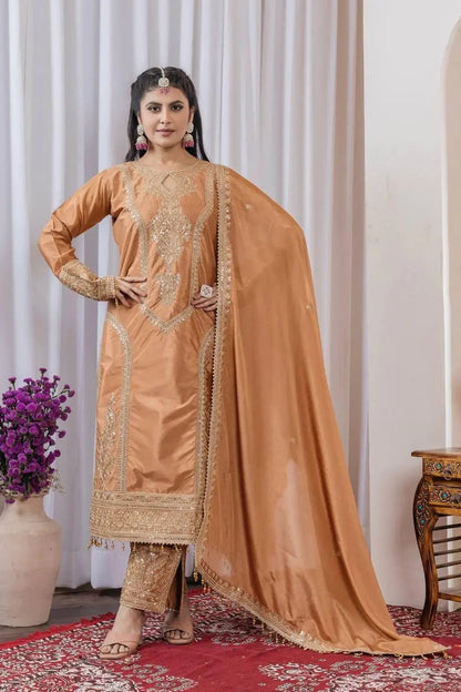 Chinon Silk Sequence Embroidery Work Pakistani Party Wear Salwar Suit Dupatta Set (Fully Stitched)