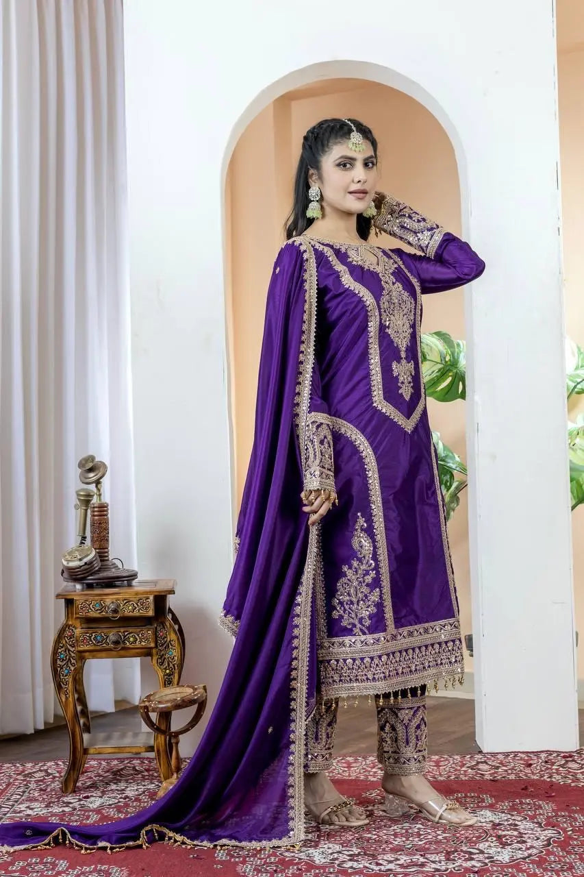 Chinon Silk Sequence Embroidery Work Pakistani Party Wear Salwar Suit Dupatta Set (Fully Stitched)