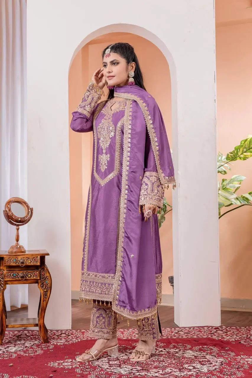 Chinon Silk Sequence Embroidery Work Pakistani Party Wear Salwar Suit Dupatta Set (Fully Stitched)