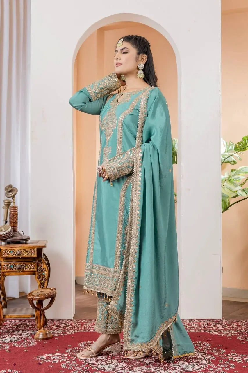 Chinon Silk Sequence Embroidery Work Pakistani Party Wear Salwar Suit Dupatta Set (Fully Stitched)