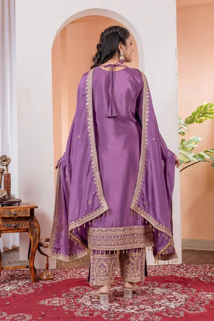 Chinon Silk Sequence Embroidery Work Pakistani Party Wear Salwar Suit Dupatta Set (Fully Stitched)