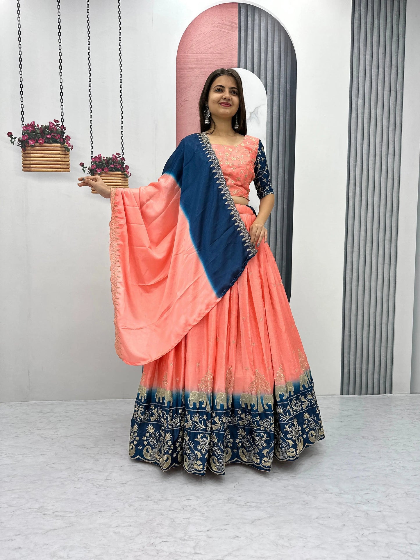 Chinon Silk Thread Embroidery work Lehenga Choli Set