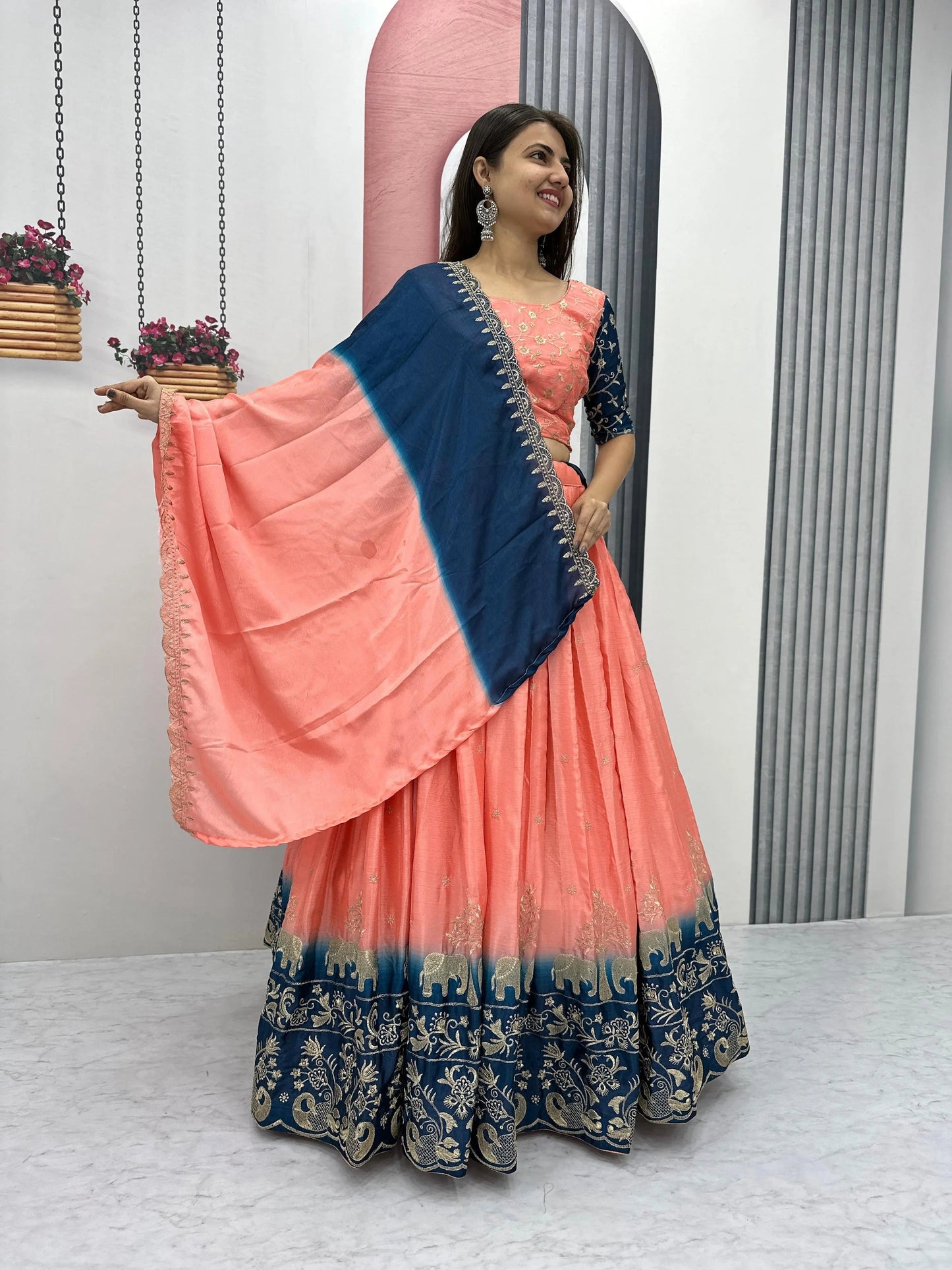 Chinon Silk Thread Embroidery work Lehenga Choli Set