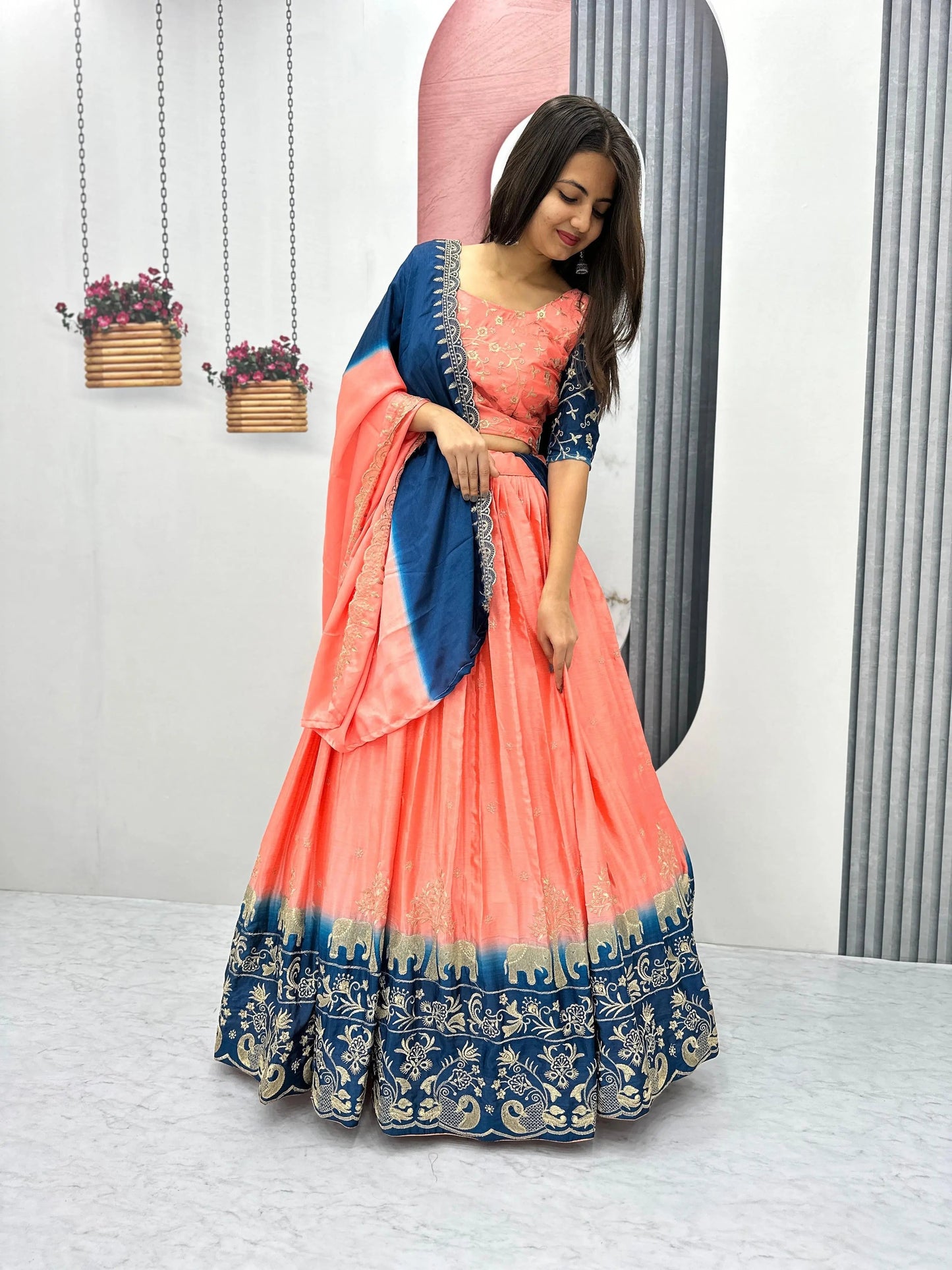 Chinon Silk Thread Embroidery work Lehenga Choli Set