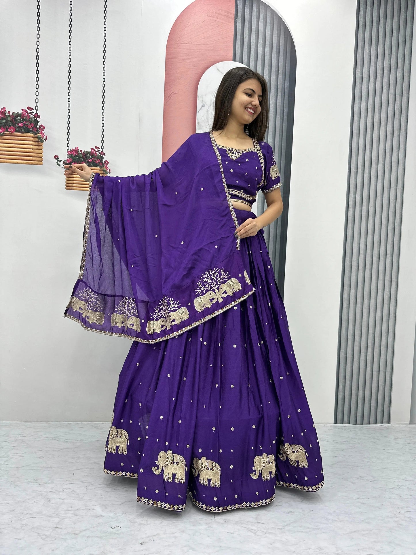 Chinon Thread Embroidery work Chaniya Choli