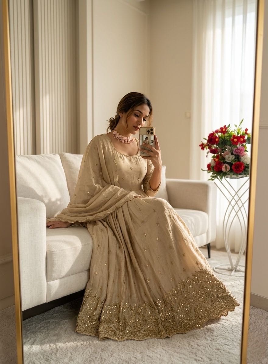 Chinon Silk Sequence Embroidery Work Designer Gown Pant Dupatta Set