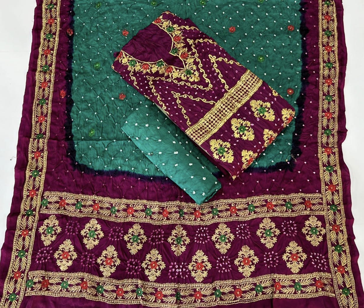 Modal Gazi Silk Kasab work Bandhani Dress Material