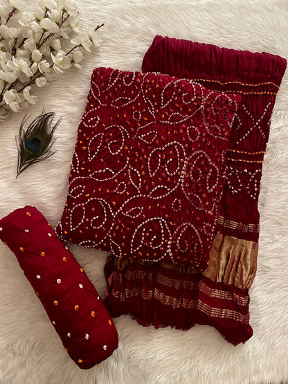 Modal Ghazi Silk Original Hand crafted Silk Bandhani Dress Material (Unstitched)