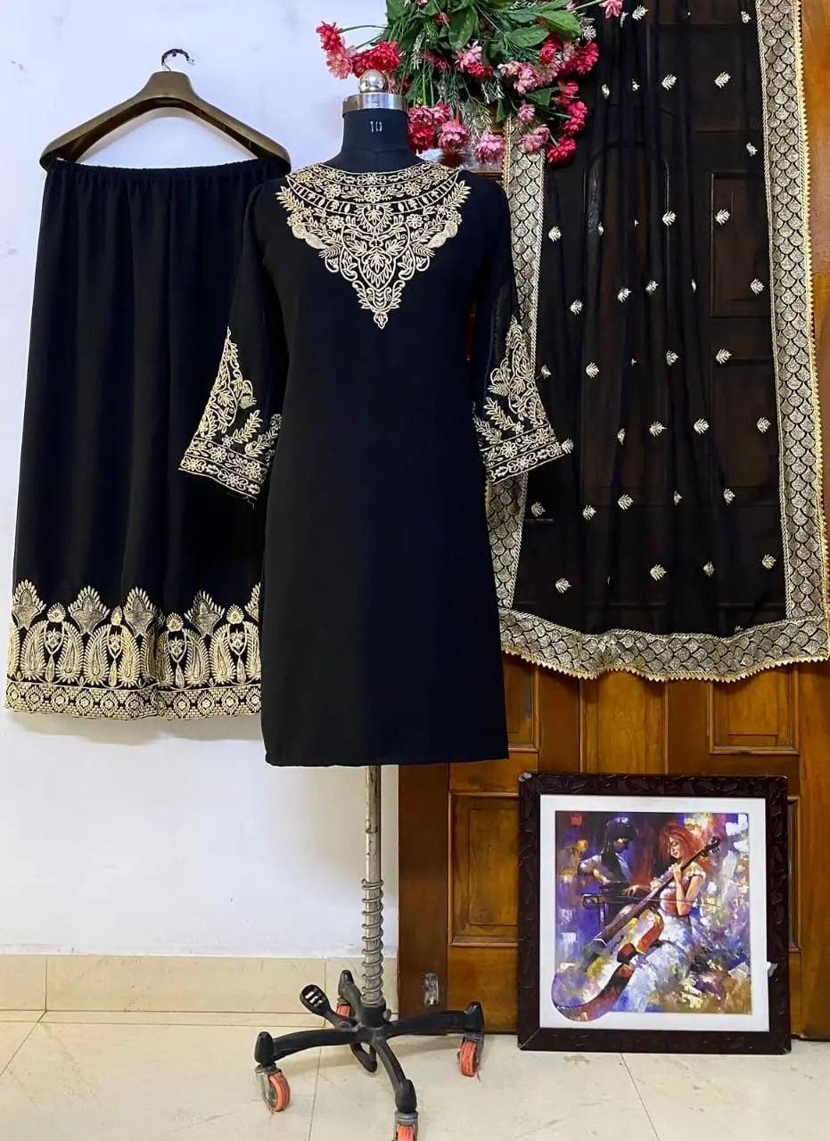 Georgette Zari Embroidery Stone neck work  kurti Pant Dupatta Set