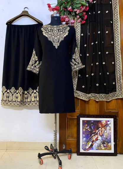 Georgette Zari Embroidery Stone neck work  kurti Pant Dupatta Set