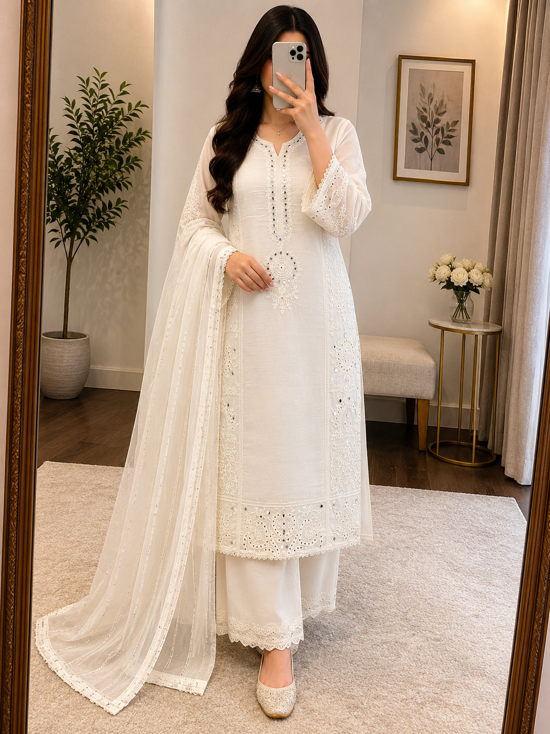 Mal Chanderi Real Mirror Work Designer 3Pc Kurti Pant Dupatta Set (Ready to Wear)