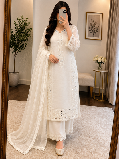 Mal Chanderi Real Mirror Work Designer 3Pc Kurti Pant Dupatta Set (Ready to Wear)
